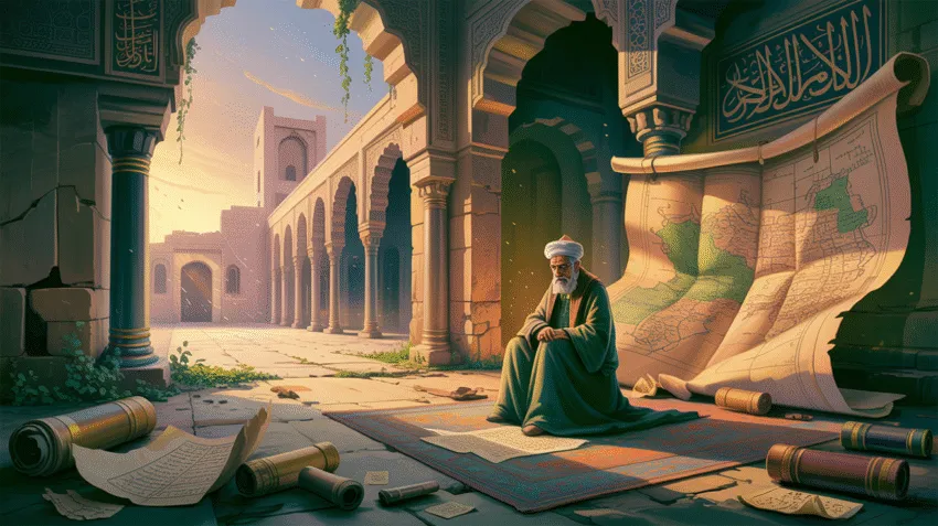 Ilustrasi sejarah kemunduran Daulah Abbasiyah dengan latar istana dan peta kekhalifahan