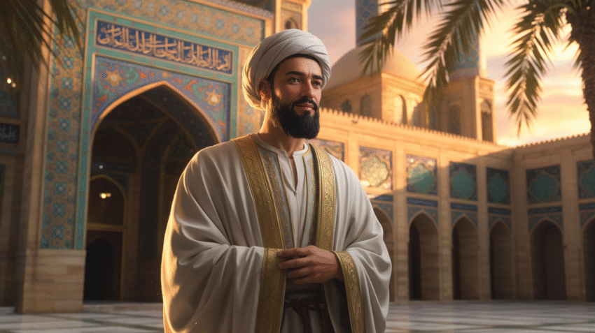 Ilustrasi Ali bin Abi Thalib sebagai pemimpin dengan latar masjid kuno