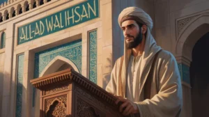 Gambar ilustrasi Umar bin Khattab dengan latar masjid kuno dan tulisan Arab kaligrafi
