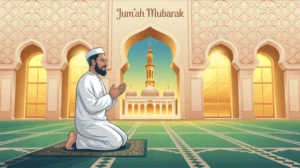 Ilustrasi seseorang sedang berdoa di hari Jumat dengan latar masjid
