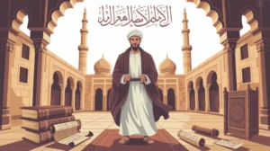 Potret Khalifah Umar bin Khattab dengan latar masjid kuno