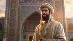 Ilustrasi Ali bin Abi Thalib dengan latar masjid kuno