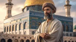 Ilustrasi Umar bin Khattab dengan latar masjid kuno