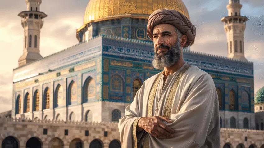 Ilustrasi Umar bin Khattab dengan latar masjid kuno