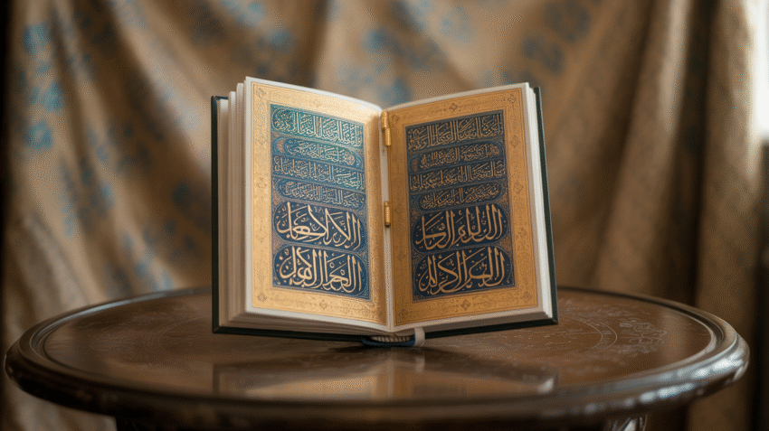 Kitab akhlak Islam dengan hiasan kaligrafi dan ornament islami