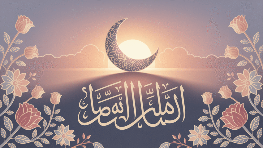 Gambar ucapan selamat pagi dengan doa islami dan background sunrise yang indah