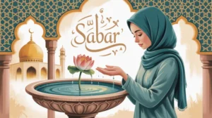 Ilustrasi kultum tentang sabar dengan latar masjid dan tulisan Arab