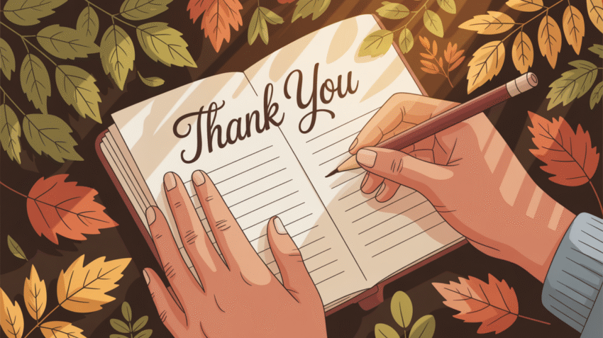 Ilustrasi tangan menulis caption bersyukur singkat di buku catatan dengan latar belakang natural