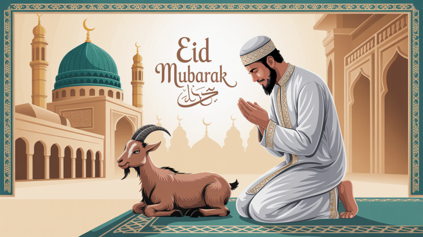 Ilustrasi doa Idul Adha dengan latar masjid dan hewan qurban