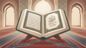 Ilustrasi buku doa sehari-hari dengan latar masjid yang indah