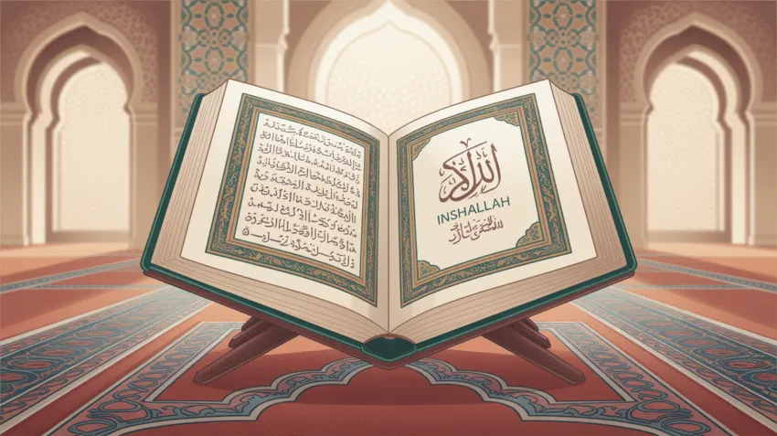 Ilustrasi buku doa sehari-hari dengan latar masjid yang indah