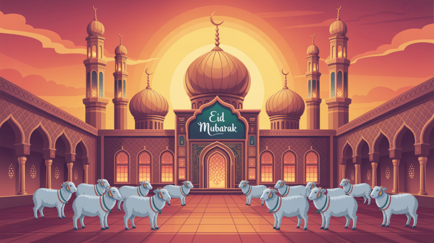 Koleksi gambar Idul Adha dengan ilustrasi masjid, hewan kurban, dan kaligrafi Arab