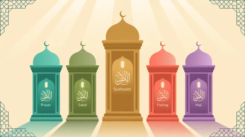 Ilustrasi lima rukun Islam dengan simbol-simbol syahadat, shalat, zakat, puasa, dan haji