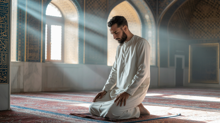 Ilustrasi seseorang sedang melaksanakan shalat sunnah di masjid dengan cahaya lembut