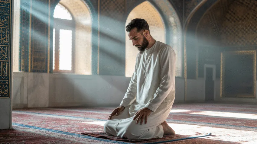 Ilustrasi seseorang sedang melaksanakan shalat sunnah di masjid dengan cahaya lembut