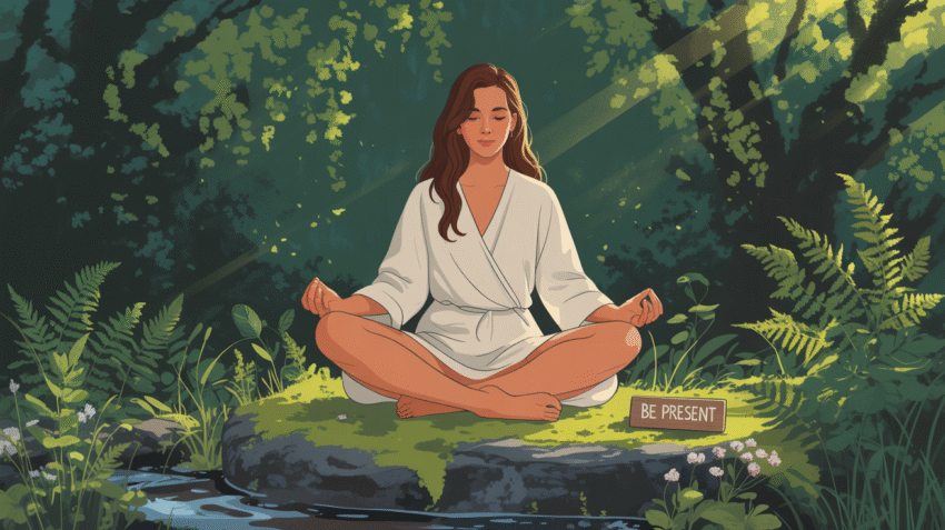 Ilustrasi orang sedang bersyukur dengan latar alam yang indah