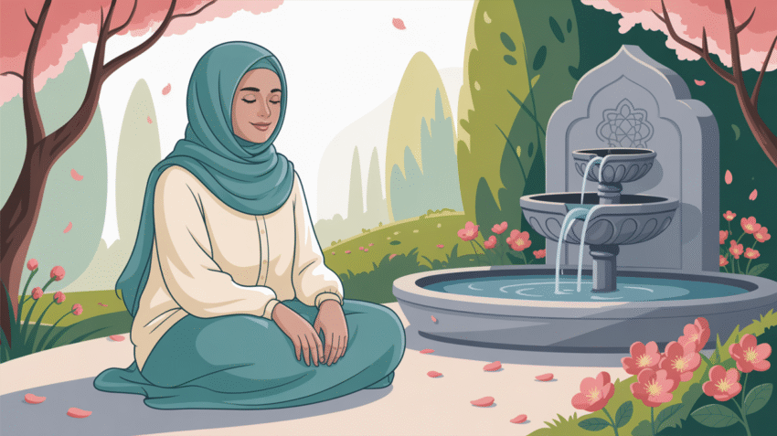 Ilustrasi manfaat sabar dengan gambar orang meditasi di taman yang tenang