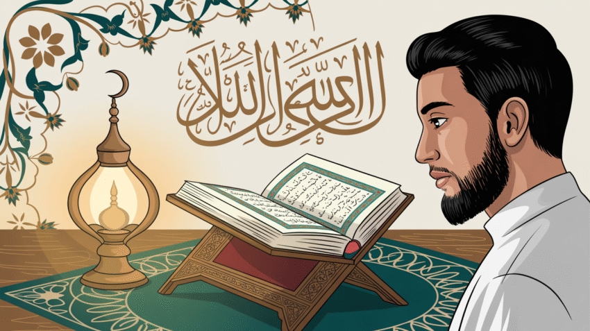 Ilustrasi seseorang sedang mempelajari ilmu tajwid dengan Al-Qur'an terbuka