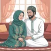 Ilustrasi pasangan muslim bahagia dalam pernikahan yang harmonis