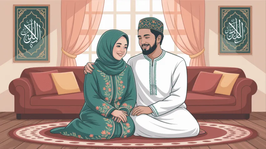 Ilustrasi pasangan muslim bahagia dalam pernikahan yang harmonis