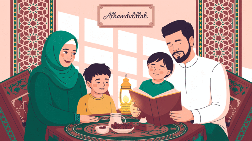 Ilustrasi keluarga muslim harmonis dalam rumah tangga