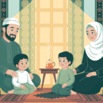 Ilustrasi keluarga muslim yang harmonis dengan suami memberikan nafkah kepada istri dan anak