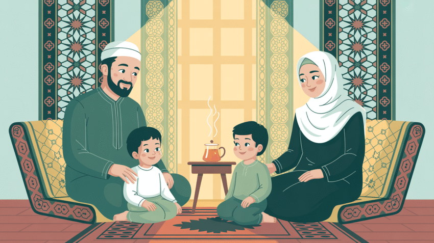 Ilustrasi keluarga muslim yang harmonis dengan suami memberikan nafkah kepada istri dan anak