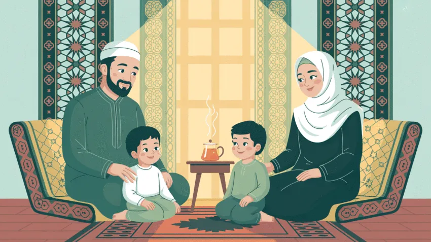 Ilustrasi keluarga muslim yang harmonis dengan suami memberikan nafkah kepada istri dan anak