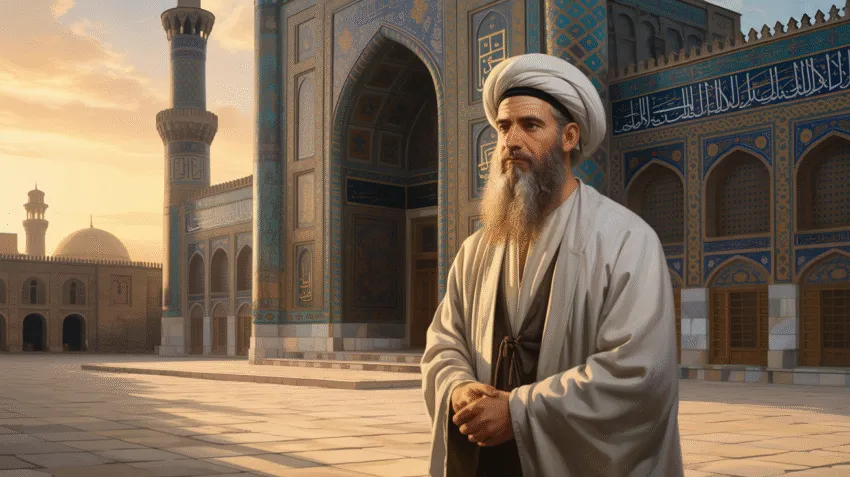 Potret ilustrasi Umar bin Khattab dengan latar masjid kuno