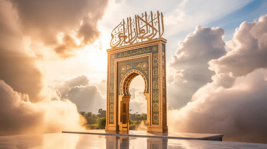 Ilustrasi pintu surga Ar-Rayyan yang indah dengan cahaya surgawi