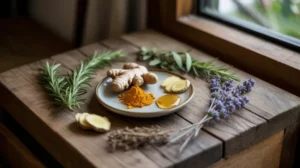Obat herbal kista alami dengan berbagai tanaman herbal seperti kunyit, temulawak, dan daun sirsak