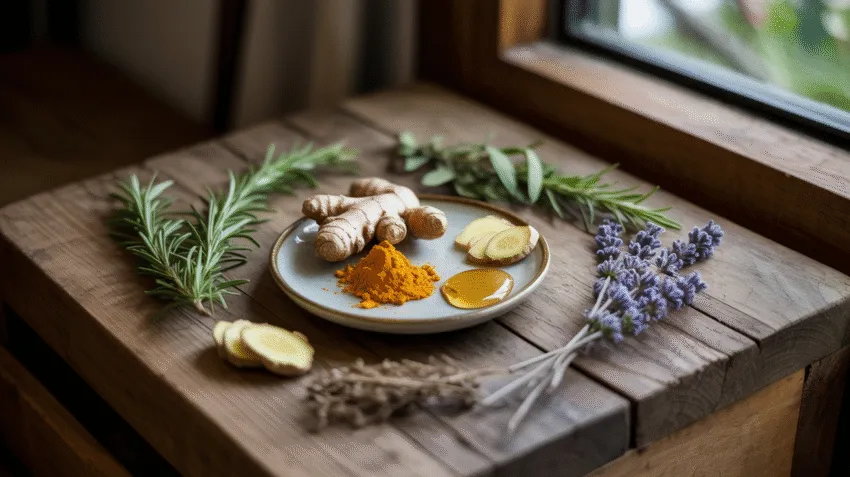 Obat herbal kista alami dengan berbagai tanaman herbal seperti kunyit, temulawak, dan daun sirsak