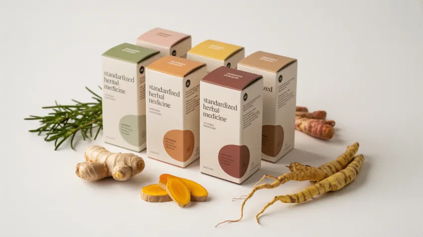 Obat herbal terstandar dalam kemasan modern dengan tanaman herbal segar