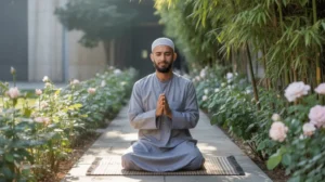 Ilustrasi orang sabar sedang berdoa dengan tenang di taman