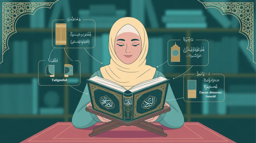 Ilustrasi belajar tajwid untuk pemula dengan Al-Qur'an terbuka