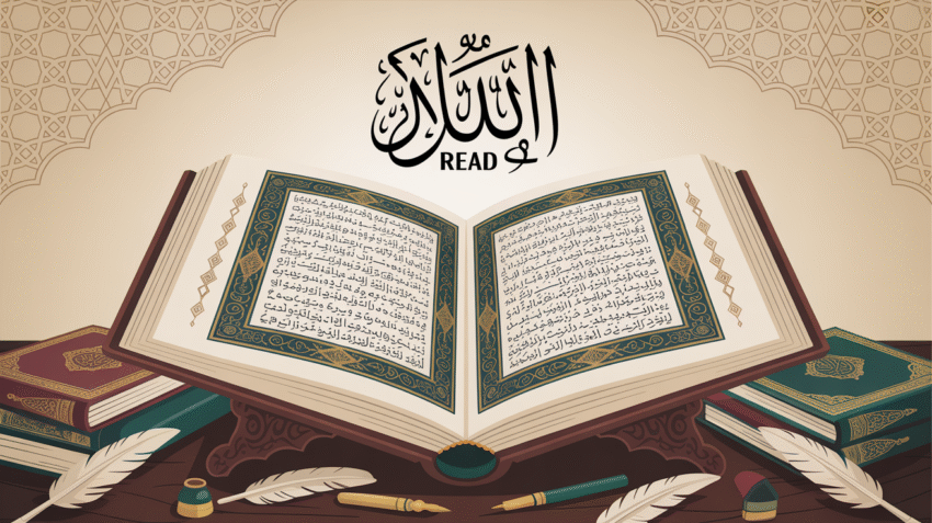 Ilustrasi belajar tajwid dengan Al-Qur'an terbuka dan penjelasan hukum bacaan