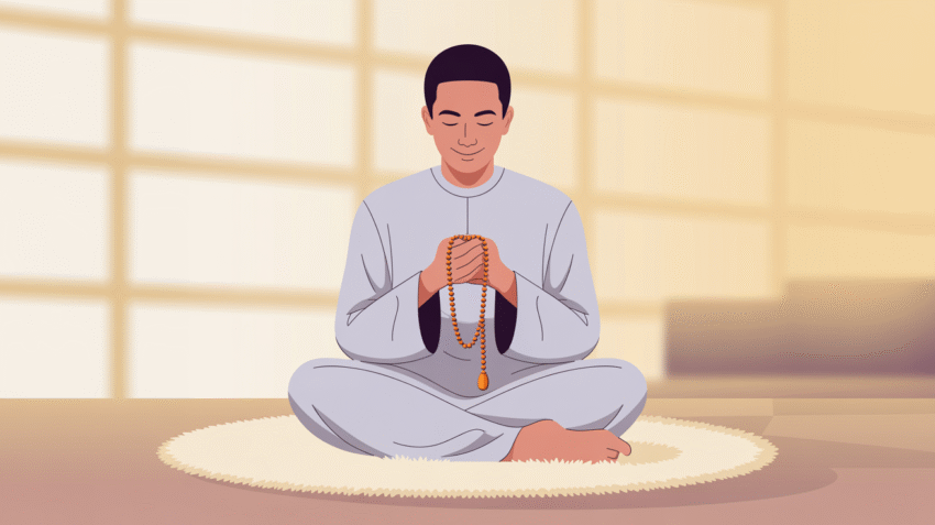 Ilustrasi muslim sedang berdzikir dengan tasbih di tangan