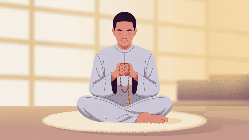 Ilustrasi muslim sedang berdzikir dengan tasbih di tangan