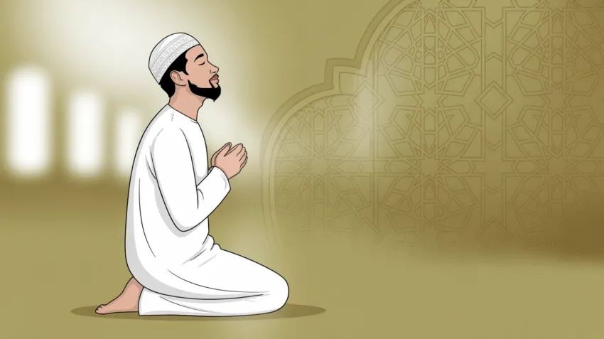 Ilustrasi seseorang sedang berdoa setelah sholat hajat dengan khusyuk