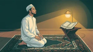 Ilustrasi seseorang sedang melaksanakan sholat tahajud di malam hari dengan suasana tenang