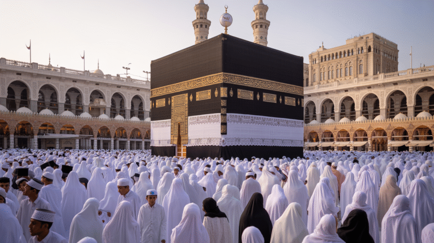 Ka'bah di Masjidil Haram dengan jamaah haji dan umrah sedang tawaf