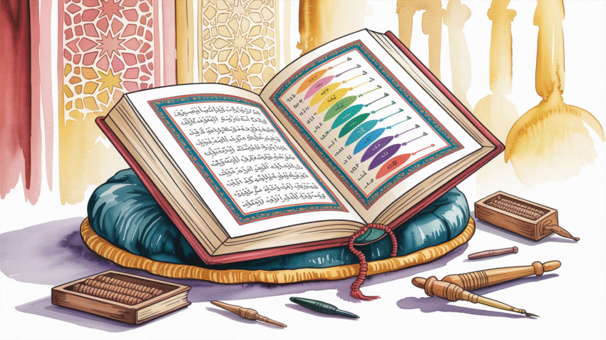 Ilustrasi pelajaran tajwid dengan mushaf Al-Qur'an terbuka dan diagram makharijul huruf