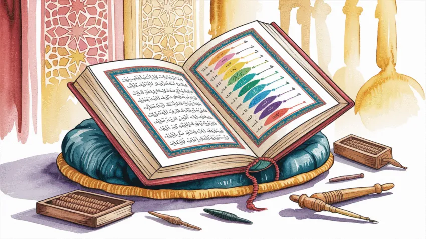 Ilustrasi pelajaran tajwid dengan mushaf Al-Qur'an terbuka dan diagram makharijul huruf