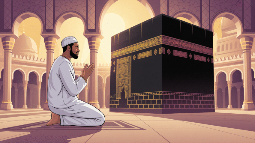 Ilustrasi seseorang sedang melaksanakan shalat sunnah ihram dengan pakaian ihram di depan Ka'bah