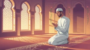 Ilustrasi seseorang sedang melaksanakan shalat sunnah maghrib di masjid dengan suasana tenang