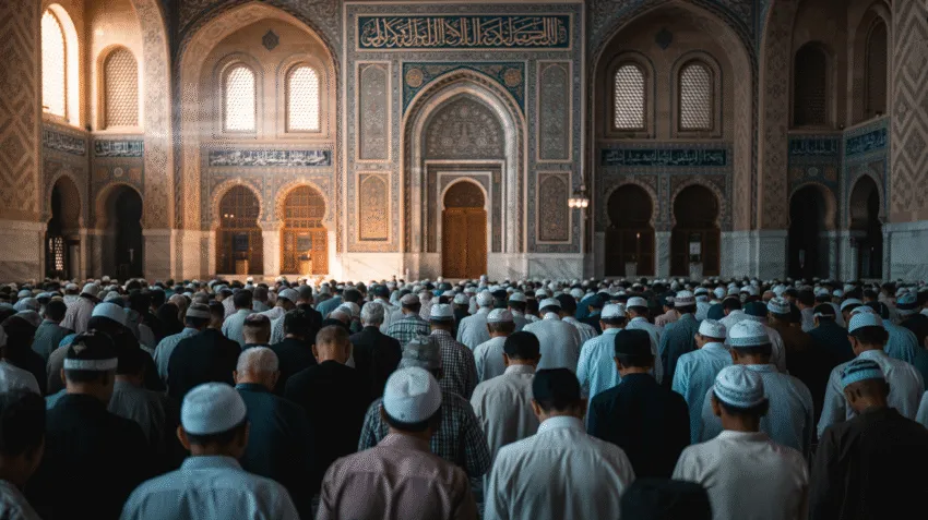 Jamaah muslim sedang melaksanakan shalat tarawih berjamaah di masjid dengan suasana khusyuk