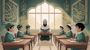 Ilustrasi pendidikan Islam dengan siswa belajar Al-Quran di ruang kelas