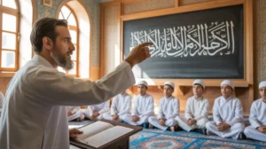 Ilustrasi pendidikan islam dengan gambar seorang guru mengajarkan di kelas