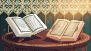 Ilustrasi Al-Quran dan buku hadis dengan latar belakang masjid