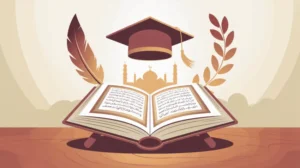 Ilustrasi pendidikan agama Islam dengan gambar buku Al-Quran dan simbol-simbol pendidikan